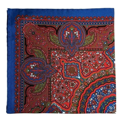 Red & Blue Geometric Floral Ancient Madder Silk Pocket Square (Hand-Rolled) - Image 1 of 4