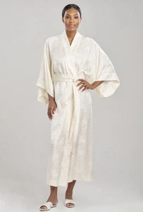 Natori Jacquard Satin Womens Robe Size Medium Ivory Kimono Belted Sleepwear - Picture 1 of 17