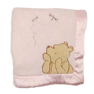 Vintage Disney Blanket Classic Pooh & Dragonflies Pink Satin Winnie The Pooh Y2K - Image 1 of 4