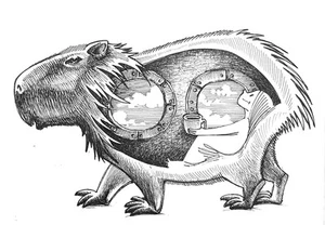 Original ACEO Capybara Ride Ink Line Art Medium Marker on Paper Signed By Artist - Picture 1 of 1