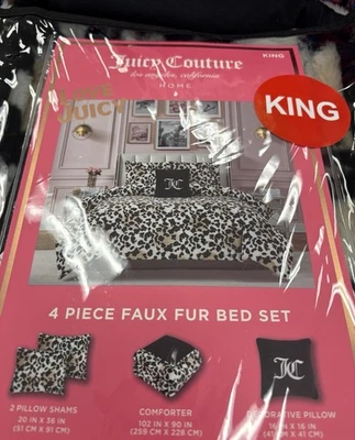 Juicy Couture Plush Faux Fur Leopard Print 4pc KING Comforter Set Soft & Cozy - Image 1 of 4