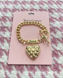 Juicy Couture Gold Toned Charm Bracelet | Logo & Cushion Heart With Faux Pearl - Picture 1 of 1