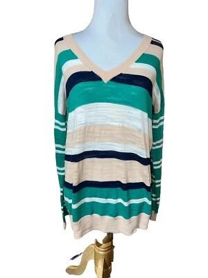 Suéter MADEWELL Rayas Ligero Burnout Verde Azul Melocotón Blanco Cuello en V Talla M Foto 1 de 4