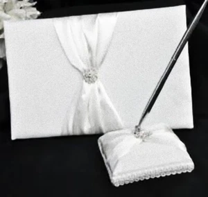 Elegant White Wedding Guest Book with Silvery Pen Stand 36 Lined Pages Diamante - Picture 1 of 11