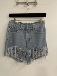 NEW Miss Big Fringe Denim Jean Shorts Wpmen's Medium Distressed Rhinestones - Picture 1 of 5