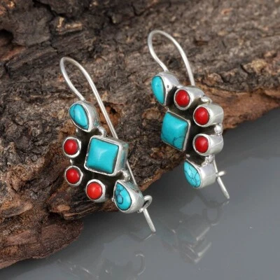 925 Sterling Silver Handmade Earrings Natural Turquoise & Coral Stone Earrings - Image 1 of 4