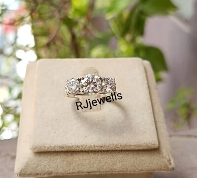 Three Stone Lab Grown Moissanite Round Ring 925 Silver Solid Three Stone Ring - Image 1 of 4