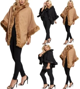 Poncho para mujer manga murciélago forrado de piel con capucha capa adornos poncho de piel sintética - Imagen 1 de 7