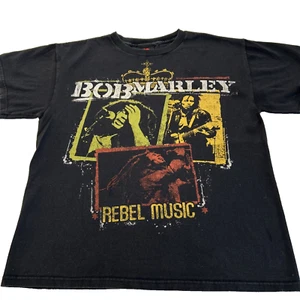 Bob Marley Rebel Music Collage Black T-Shirt Men's Medium Zion USA Reggae Rasta - Picture 1 of 12