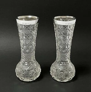 JARRONES DE VIDRIO DE CORTE HOBNAIL JOHN GRINSELL & SONS CON BORDES DE PLATA ESTERLINA - Imagen 1 de 12