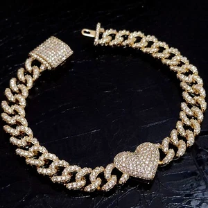 10mm Heart Charm Bracelet Curb Link Chain 8" Simulated Diamond 18K Gold Layered - Picture 1 of 12