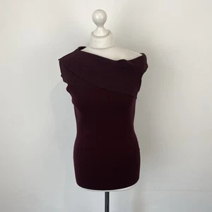 REISS Indigo Knitted Bardot Top Asymmetric Cap Sleeves Minimal Burgundy Medium - Picture 1 of 11