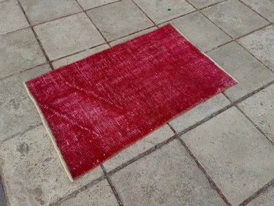 Vintage Turkish Rug 2.6x1.6 ft Overdyed Red Wool Handmade Small Carpet - Image 1 of 4