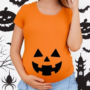 Funny Pumpkin Face T-Shirt Printed Halloween Pregnancy Maternity Adults Tee Top - Picture 1 of 4