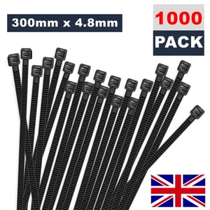 1000er PACK 300 MM X 4,8 MM NYLON KUNSTSTOFF STARK SCHWARZ KABELBINDER TIE WRAPS ZIP BINDER - Bild 1 von 7