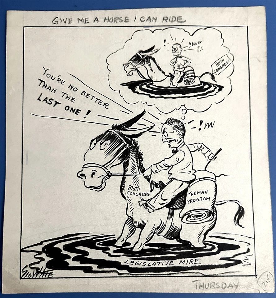 OBRA DE ARTE ORIGINAL GEORGE WHITE EDITORIAL CARICATURA TRUMAN VS 81º CONGRESO POLÍTICA Foto 1 de 1