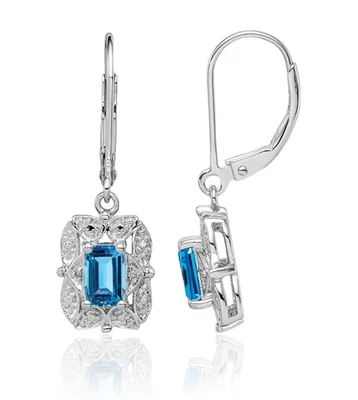 925 Sterling Silver Diamond Swiss Blue Topaz Dangle Earrings - Image 1 of 4
