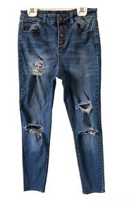 Sapphire Ink Girls Junior Skinny Distressed Button Fly Jeans Denim Blue Size 3 - Picture 1 of 9