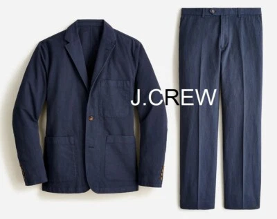 J.CREW suit navy 42 jacket + 34 pants cotton linen casual chino chore blazer nr - Image 1 of 4