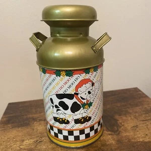 Christmas Cow Ho Ho MOO Holiday Decorated 7 1/2" Metal Milk Can. - Picture 1 of 10