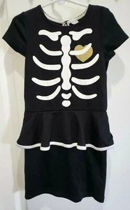 H & M girls BLACK DRESS HALLOWEEN SKELETON GOLD SPARKLE HEART dressy! size 4/6 - Picture 1 of 2