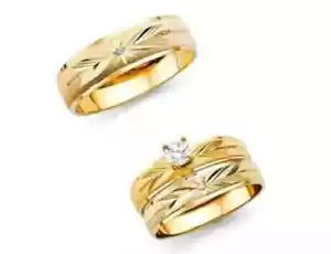 Lab-Created Diamond Trio His Her Bridal Wedding Ring Set 14K Yellow Gold Plated - Picture 1 of 3