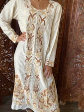 Boho Tunic Maxi Dress, Ivory Golden Embroidered Silk Gorgeous Luxurious Kurti ML