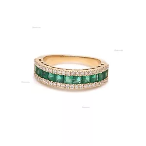 1.20ct Princess Emerald & Diamond Three Row Eternity Band Ring 14k Yellow Gold - Picture 1 of 4
