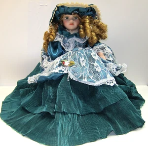 Victorian Style Porcelain Doll In Emerald Green Dress Curly Hair Puff Bottom - Picture 1 of 4
