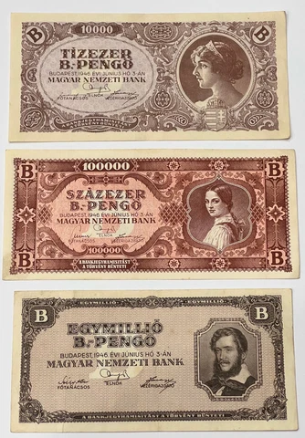 Hungary 3 Set banknotes 10,000 100,000 and 1 million B-Pengo 1946 P132 133 134 Cover