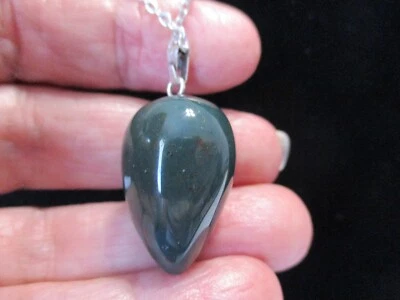 Bloodstone Upside Down Pear Shape Pendant Necklace 18 inch Stainless Steel Chain - Image 1 of 3