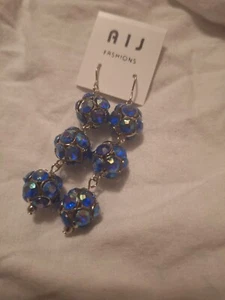 Dark Navy Blue Round CZ Cubic Ball Set Dangling Earrings - Picture 1 of 7