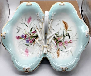Antique C.T. Carl Tielsch Divided Handled Bowl, Floral Blue, Gold, Germany, 13” - Picture 1 of 10