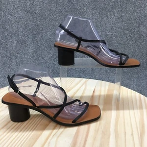 Zara Heels Womens 39 Square Toe Strappy Slingback Sandals Black Leather Buckle - Picture 1 of 18