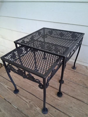 Vintage MCM Salterini Wrought Iron Patio Set Nesting Tables - Image 1 of 4