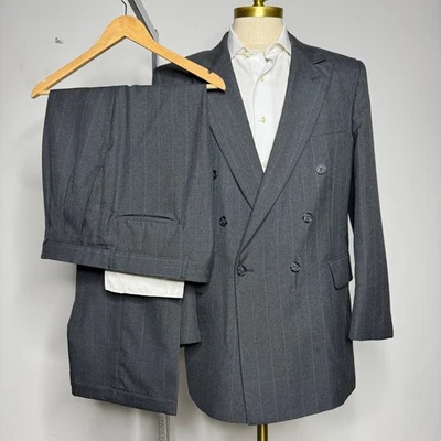 Pinstripe Suit Double Breasted Two Piece Solid Gray Mens 43L 35W - Image 1 of 4