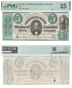 1861 $5 Confederate Note T-33 PMG VF-25 - Picture 1 of 3
