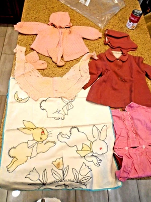 (5) 1939 Childs Pink Coat & Cap, Crocheted Sweater,Booties,cap,Embroidered Cover - Image 1 of 4