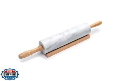 Fox Run Polished Marble Rolling Pin with Wooden Cradle, 10-Inch Barrel, White - Image 1 of 4