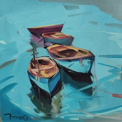 Impresión de Bellas Artes José Trujillo 16x16" Coleccionable Artista Barcos de Remos Agua de Mar Foto 1 de 4