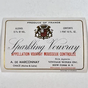A De Marconnay Vintage 1960s Sparkling Vouvray France Imported Wine Bottle Label - Picture 1 of 4