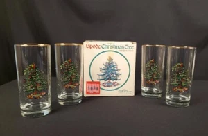 Spode Christmas Tree Set 4 Gold Rimmed Highball Glasses Box Clear Holiday Glass - Picture 1 of 5