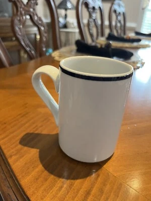 Dansk Bistro White Navy Blue Stripe Coffee Tea Mug Cup Portugal 4 1/8” Tall