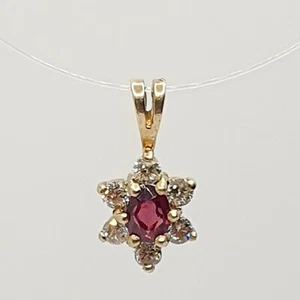 Small 9ct Pale Light Champagne Diamond and Ruby Cluster Yellow Gold 375 Pendant - Picture 1 of 24