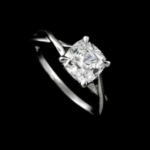 Solitaire Cushion Cut Lab Created Diamond Split Shank 14K White Gold Finish Ring - Picture 1 of 6