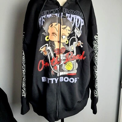 Moletom com capuz 2XL novo com etiquetas motociclista Betty Boop preto lã gráfico zíper ícone desenho animado plus feminino - Imagem 1 de 4