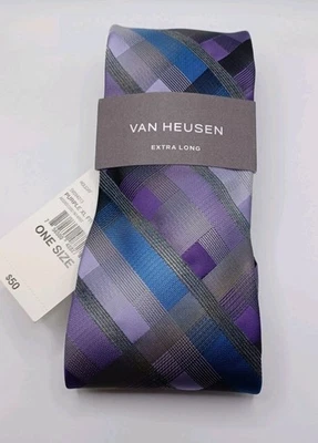Corbata de cuello para hombre Van Heusen nueva púrpura a cuadros vacaciones extra larga ~ precio de venta sugerido por el fabricante: $50. Foto 1 de 4