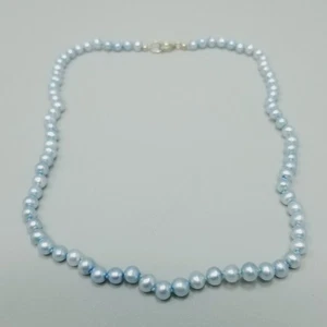 Vintage Light Blue Cultured Pearl Beaded Necklace 15 Inch Sterling Clasp Dyed - Picture 1 of 8