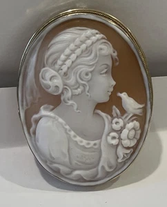 Ciondolo spilla cammeo conchiglia vintage argento 800 ragazza uccellino fiori ovale 2,25” - Foto 1 di 9