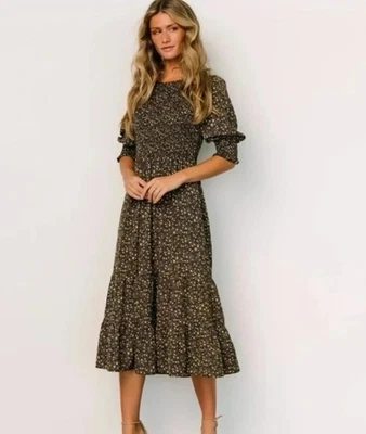 Maxi Vestido Bohme Polagrama Floral Manga Abullonada en Niveles Negro Marrón Para Mujer Talla XS Foto 1 de 4